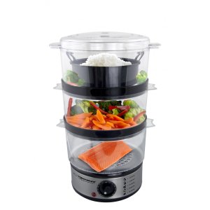Aparat de gatit cu aburi cu 3 tavi si vas orez, corp din inox