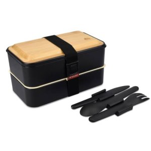Set 2x Cutie pranz Bento Box cu tacamuri si capac din bambus
